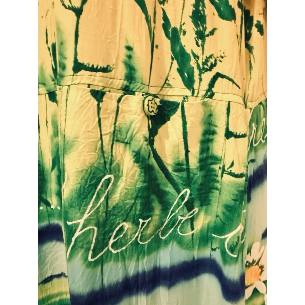 VTG‎ Jams World Maxi Dress L Herb Daisies Art Print 90s Whimsigoth Resort